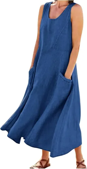 Women's Summer Cotton Linen Sleeveless Maxi Flowy Dresses Plus Size Loose Comfy Elegant Dress with Pockets