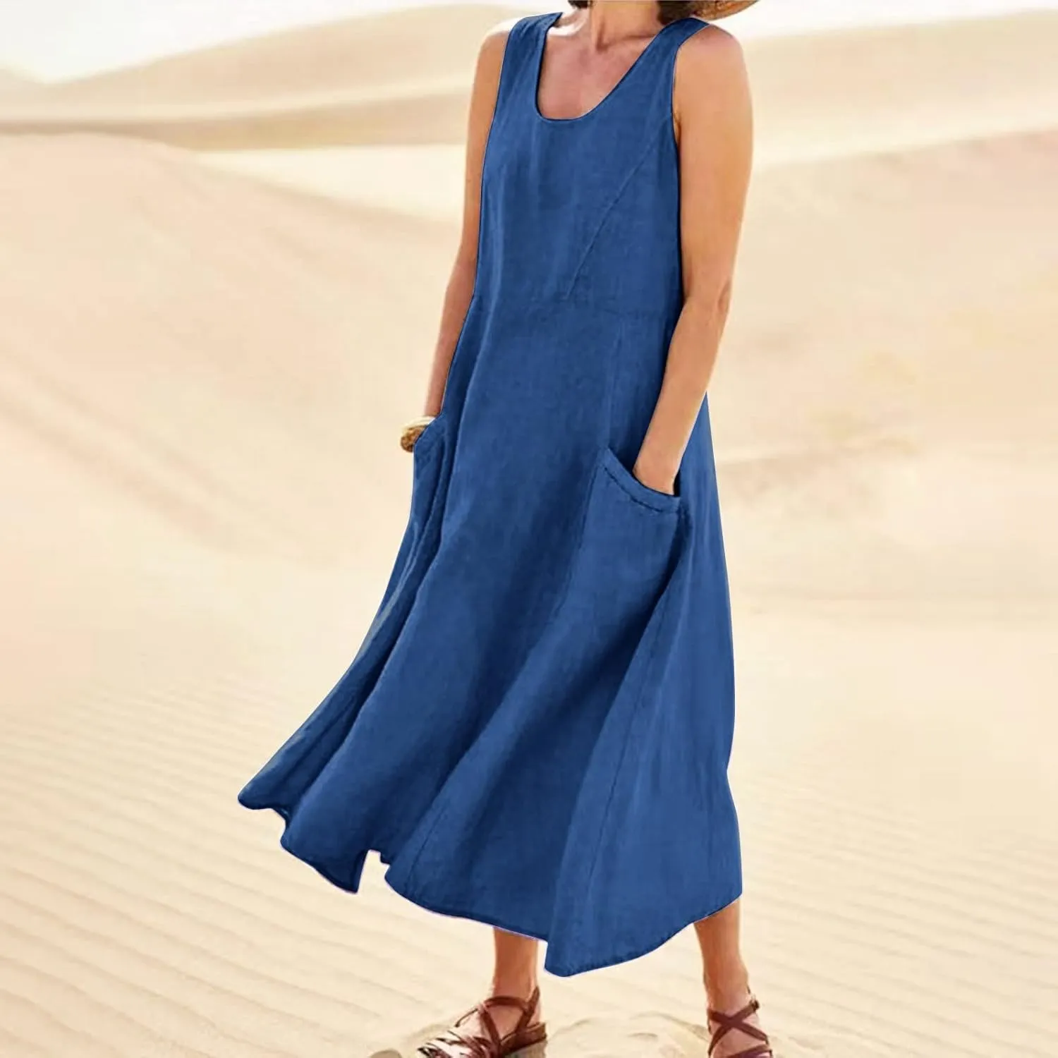 Women's Summer Cotton Linen Sleeveless Maxi Flowy Dresses Plus Size Loose Comfy Elegant Dress with Pockets
