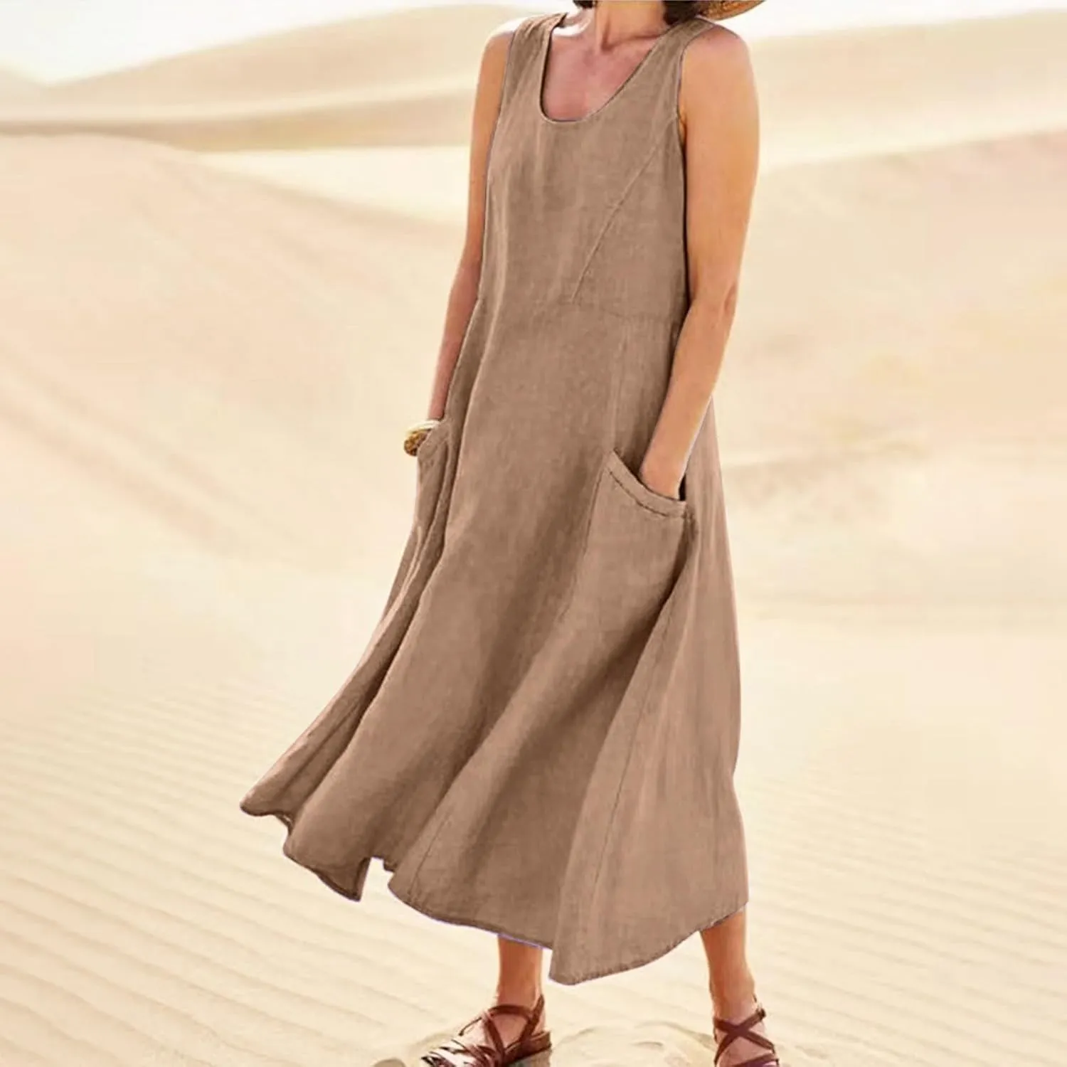 Women's Summer Cotton Linen Sleeveless Maxi Flowy Dresses Plus Size Loose Comfy Elegant Dress with Pockets