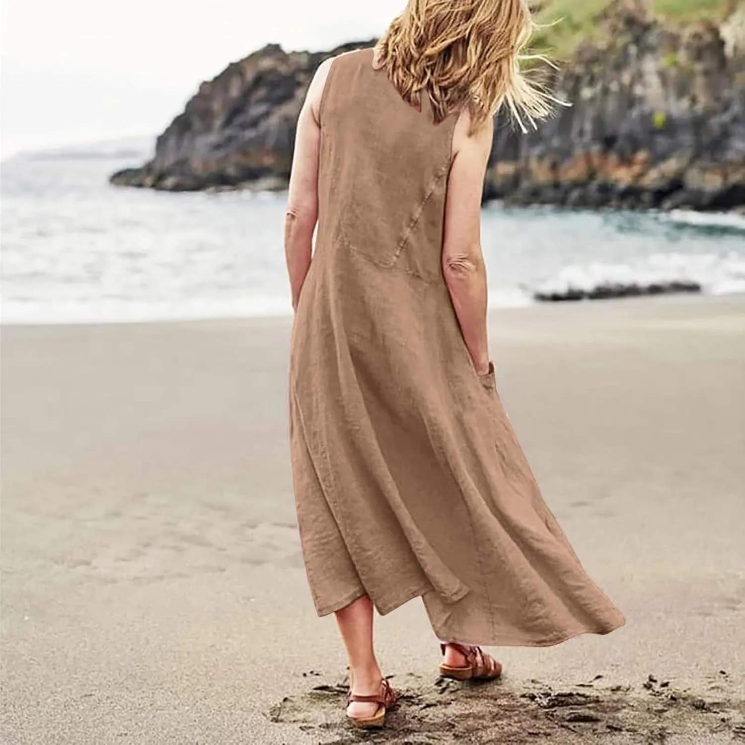 Women's Summer Cotton Linen Sleeveless Maxi Flowy Dresses Plus Size Loose Comfy Elegant Dress with Pockets
