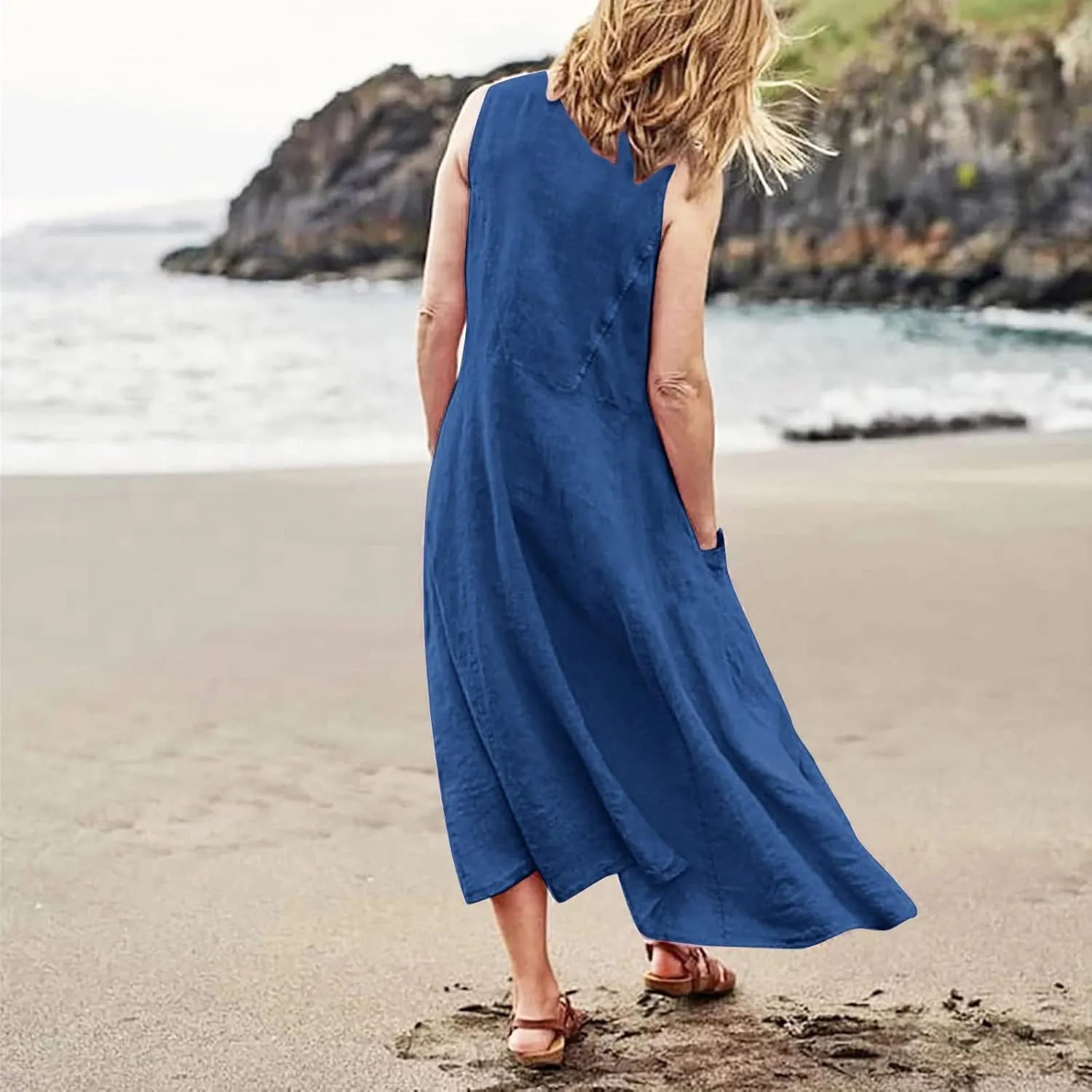 Women's Summer Cotton Linen Sleeveless Maxi Flowy Dresses Plus Size Loose Comfy Elegant Dress with Pockets