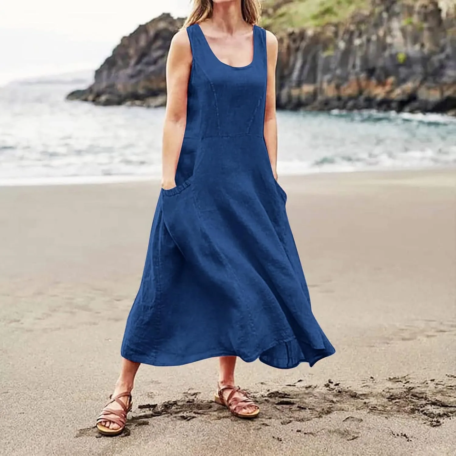Women's Summer Cotton Linen Sleeveless Maxi Flowy Dresses Plus Size Loose Comfy Elegant Dress with Pockets