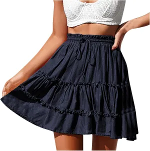 Women's Summer Cute High Waist Ruffle Skirt Drawstring Solid Color Teen Girls Swing Beach Mini Skirt 2025 Trendy