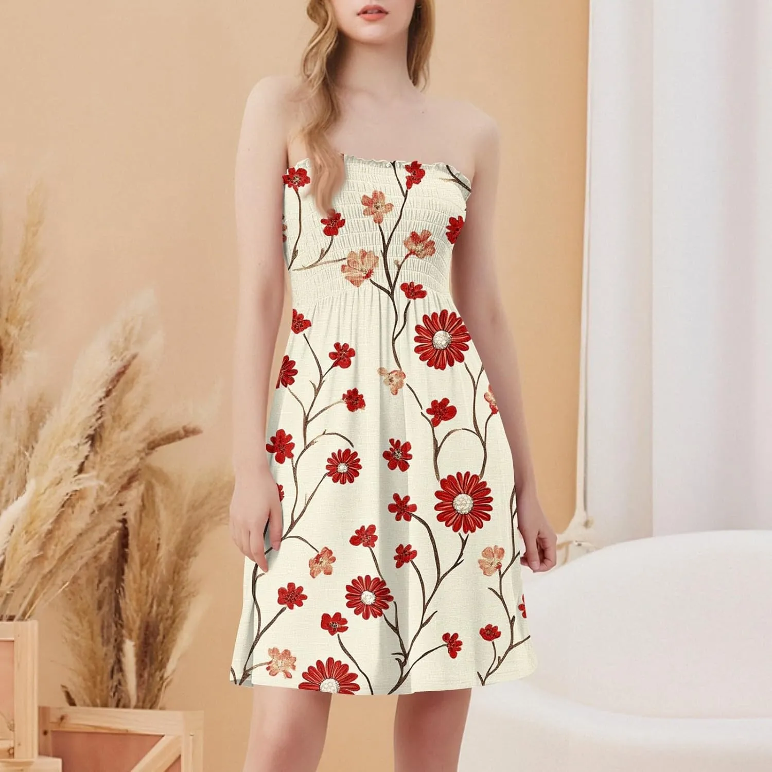 Womens Summer Dresses Strapless Boho Floral Mini Dress Casual Beach Cover Ups Tube Tops Sundress