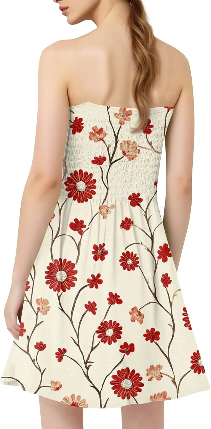 Womens Summer Dresses Strapless Boho Floral Mini Dress Casual Beach Cover Ups Tube Tops Sundress