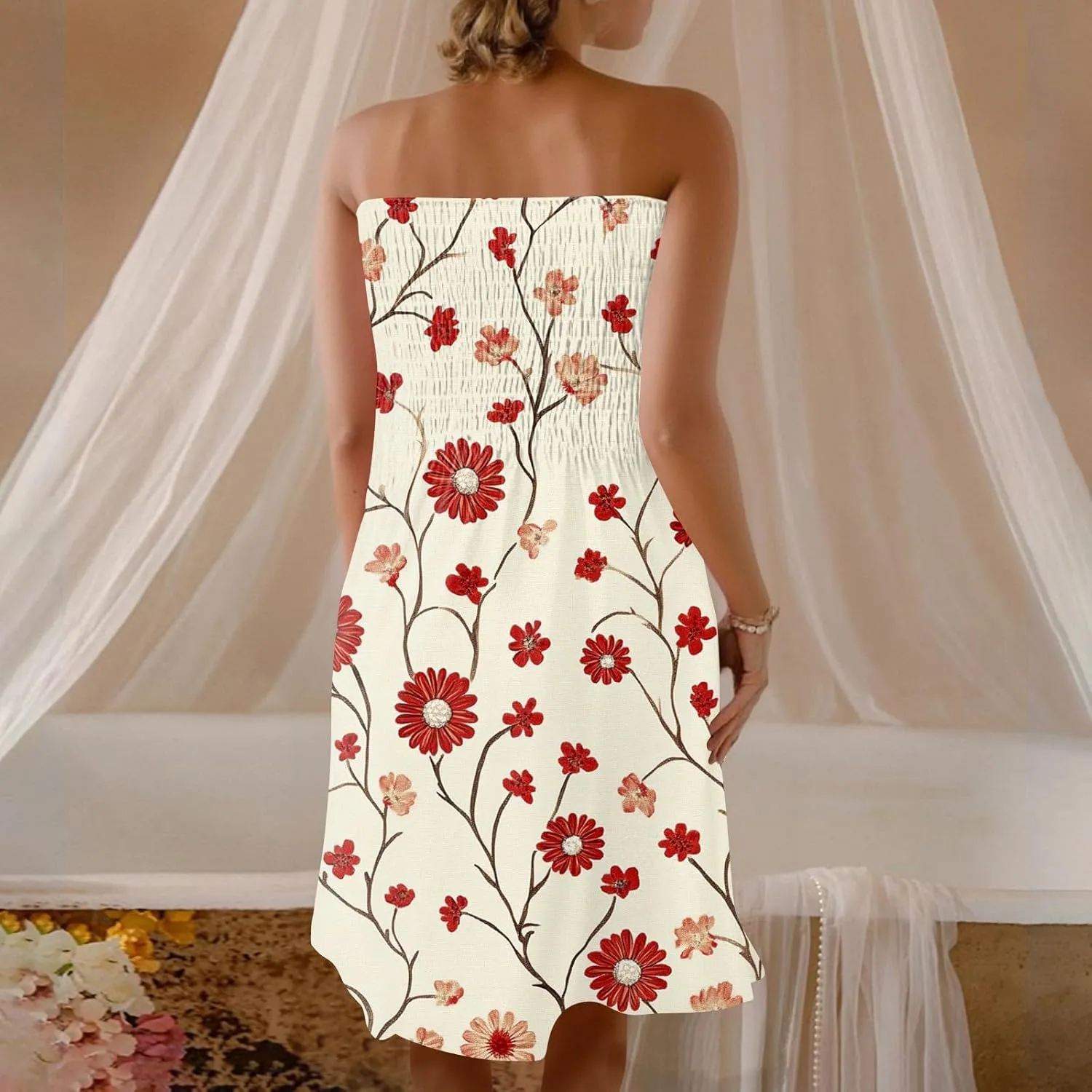 Womens Summer Dresses Strapless Boho Floral Mini Dress Casual Beach Cover Ups Tube Tops Sundress