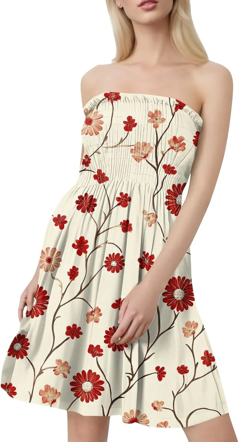 Womens Summer Dresses Strapless Boho Floral Mini Dress Casual Beach Cover Ups Tube Tops Sundress