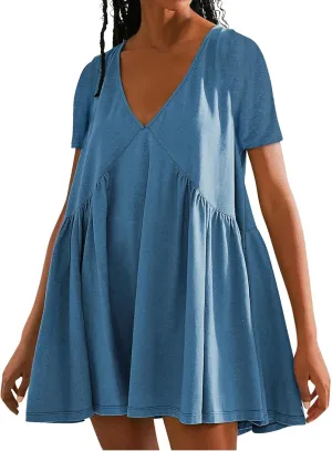 Womens Summer Dresses V-Neck Short Sleeve Oversized Mini Dress Casual Waist Elegant Pleated Beach Sundress 2025