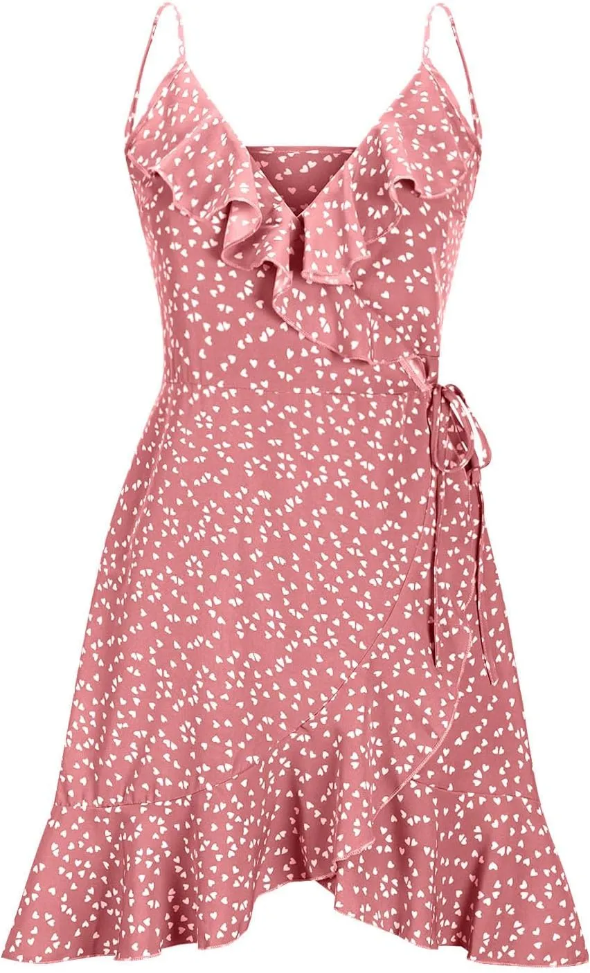 Womens Summer Floral Dress Pleated Ruffle Trim Spaghetti Strap Mini Dress Sexy V Neck Beach Vacation Sundress