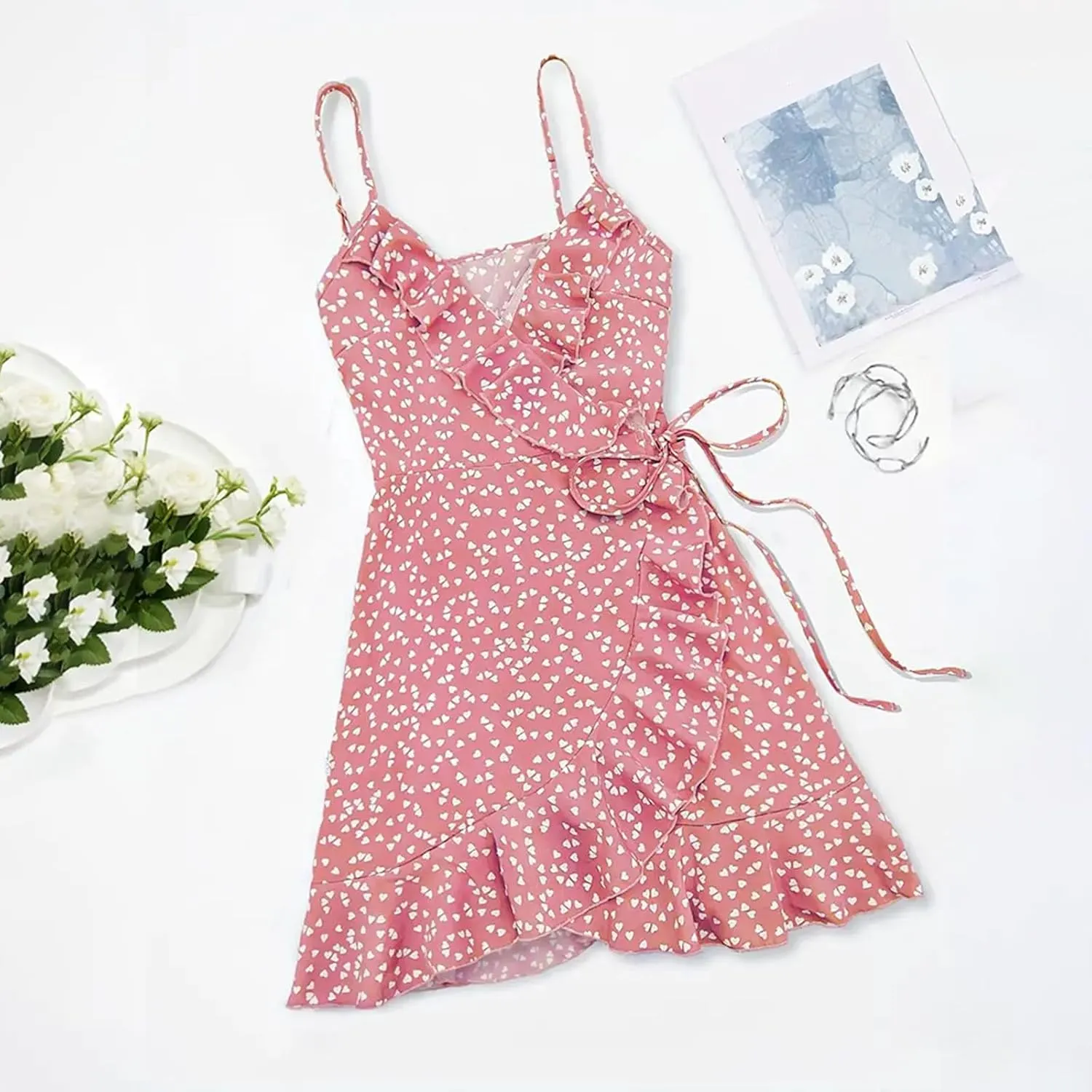 Womens Summer Floral Dress Pleated Ruffle Trim Spaghetti Strap Mini Dress Sexy V Neck Beach Vacation Sundress
