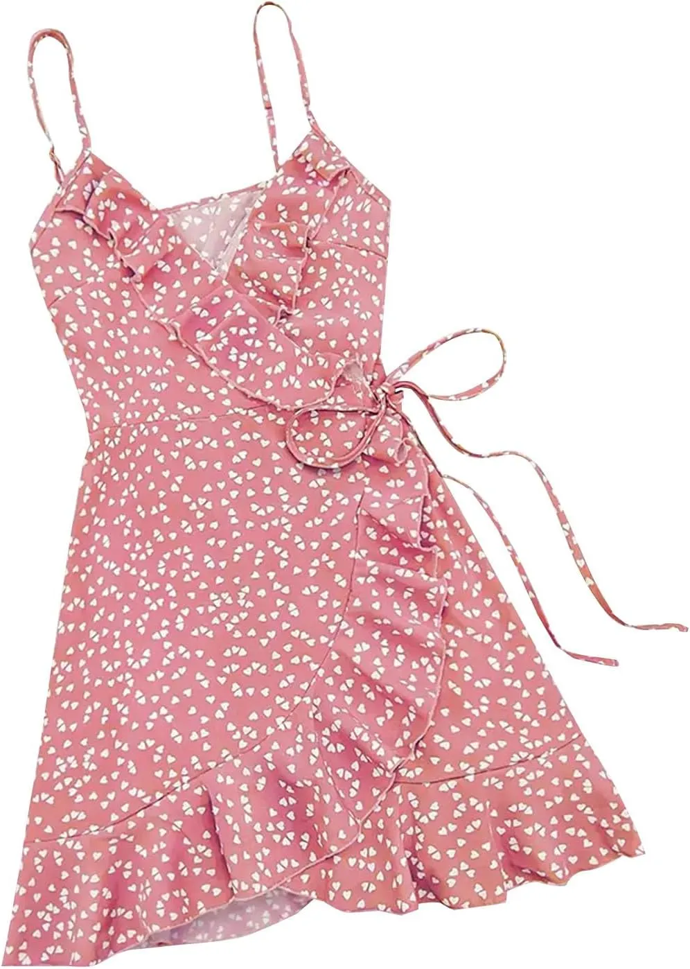 Womens Summer Floral Dress Pleated Ruffle Trim Spaghetti Strap Mini Dress Sexy V Neck Beach Vacation Sundress