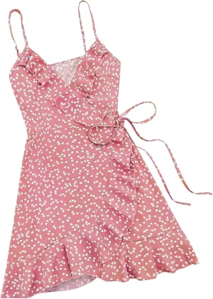 Womens Summer Floral Dress Pleated Ruffle Trim Spaghetti Strap Mini Dress Sexy V Neck Beach Vacation Sundress