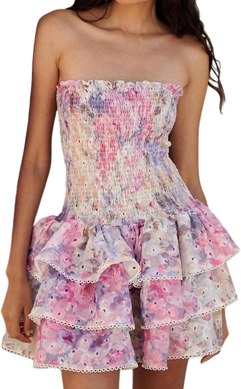 Women's Summer Floral Strapless Tube Dress Off Shoulder Smocked Ruffle Tiered Mini Sundress