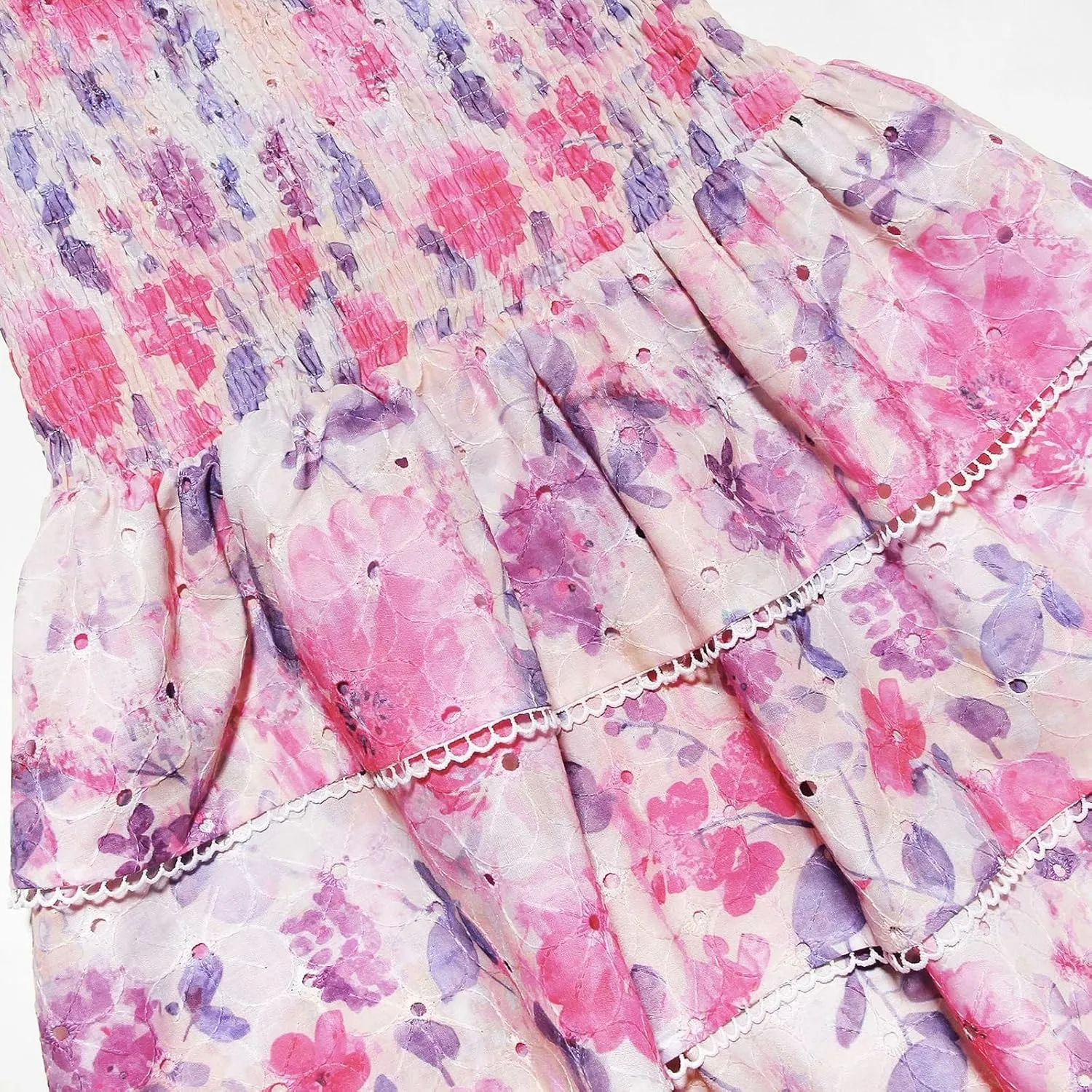 Women's Summer Floral Strapless Tube Dress Off Shoulder Smocked Ruffle Tiered Mini Sundress