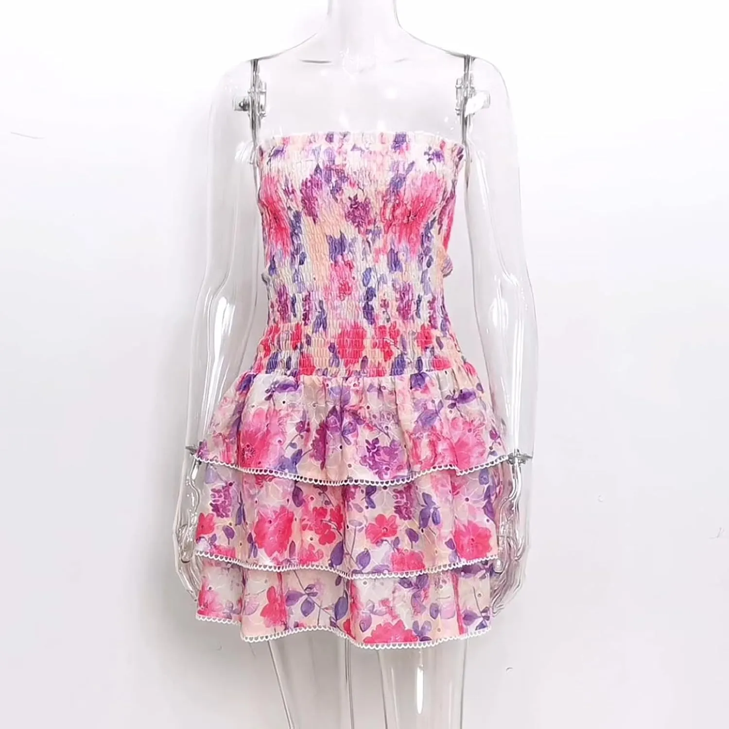 Women's Summer Floral Strapless Tube Dress Off Shoulder Smocked Ruffle Tiered Mini Sundress