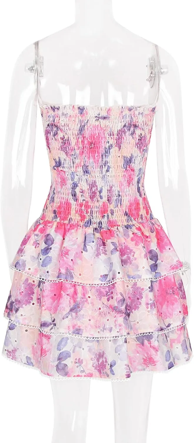 Women's Summer Floral Strapless Tube Dress Off Shoulder Smocked Ruffle Tiered Mini Sundress