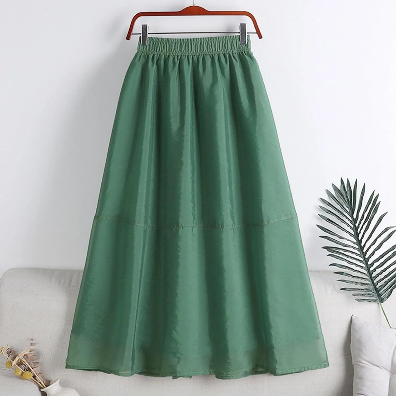 Women's Summer Midi Skirt Elastic High Waisted Flowy A-Line Skirts Elegant Pleated Solid Double Layer Flare Skirt