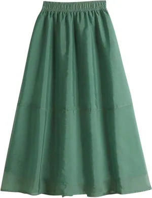 Women's Summer Midi Skirt Elastic High Waisted Flowy A-Line Skirts Elegant Pleated Solid Double Layer Flare Skirt