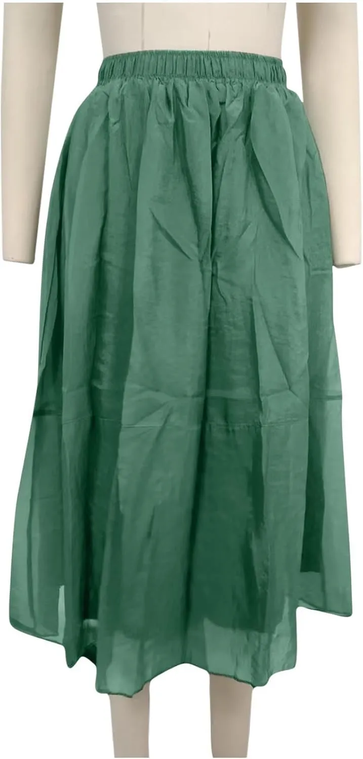 Women's Summer Midi Skirt Elastic High Waisted Flowy A-Line Skirts Elegant Pleated Solid Double Layer Flare Skirt