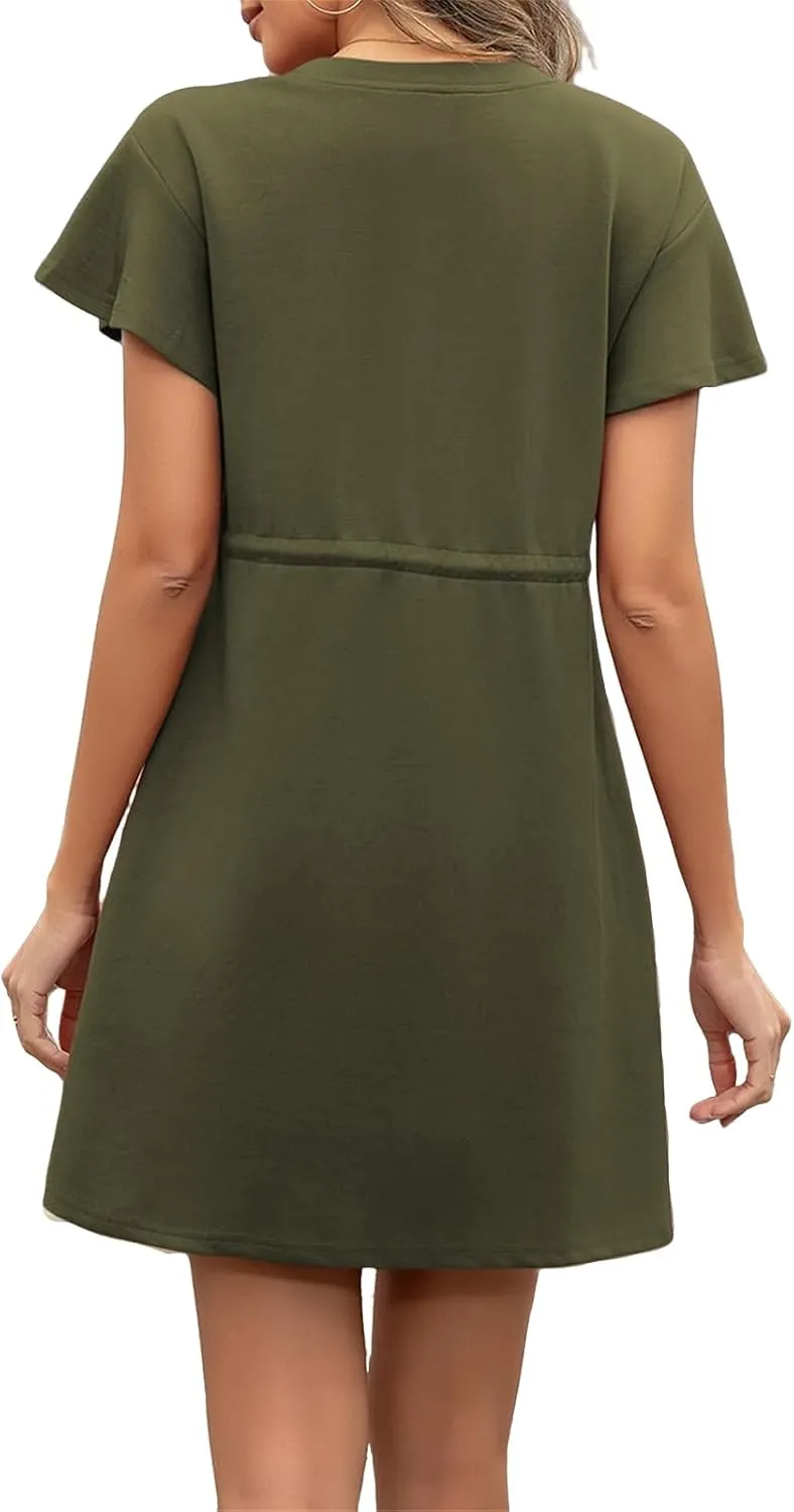 Womens Summer Mini Dress Casual Round Neck Ruffle Short Sleeve Dresses Trendy Drawstring Tunic Sundress with Pockets
