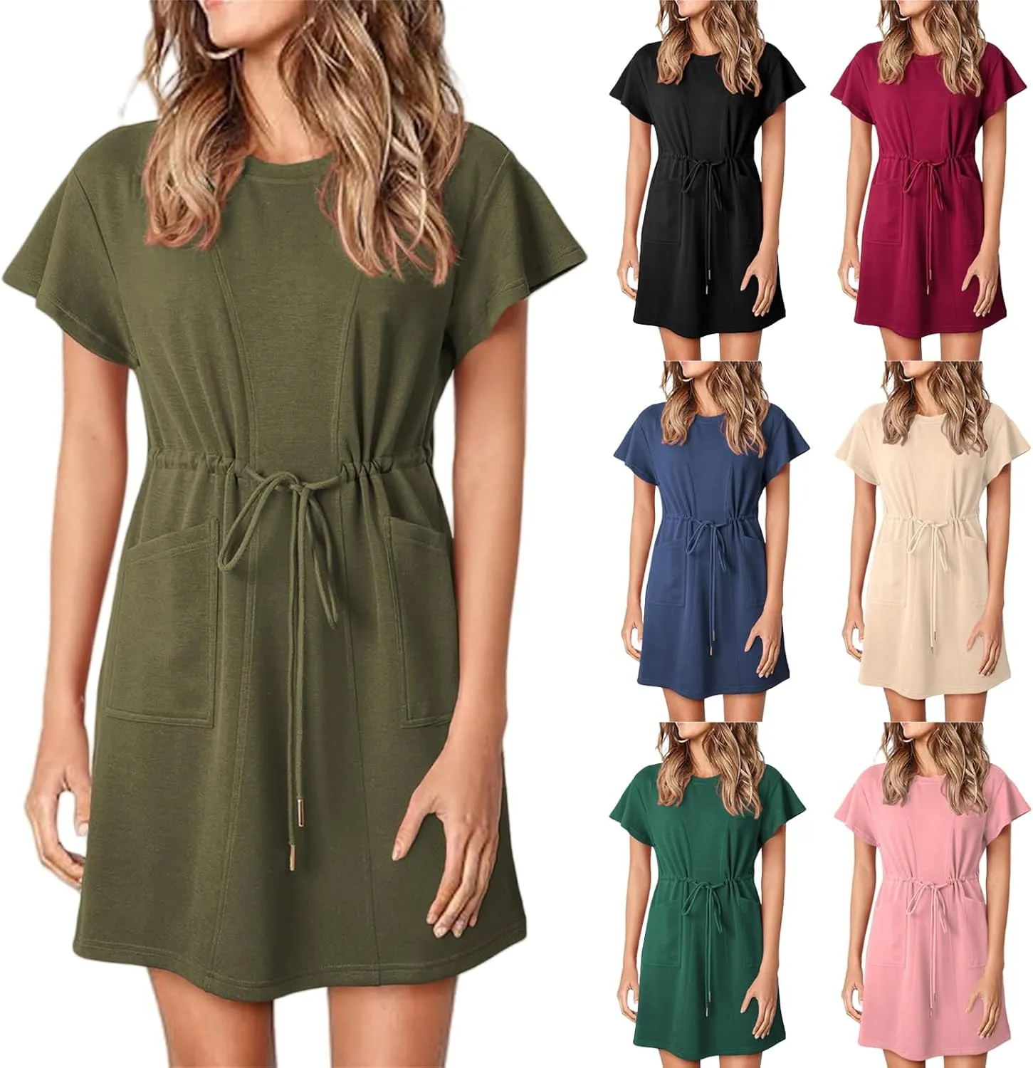 Womens Summer Mini Dress Casual Round Neck Ruffle Short Sleeve Dresses Trendy Drawstring Tunic Sundress with Pockets