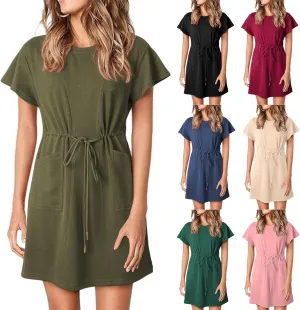 Womens Summer Mini Dress Casual Round Neck Ruffle Short Sleeve Dresses Trendy Drawstring Tunic Sundress with Pockets