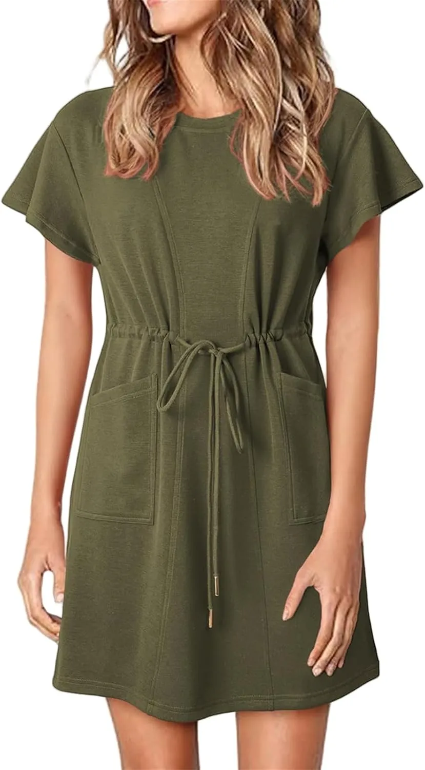 Womens Summer Mini Dress Casual Round Neck Ruffle Short Sleeve Dresses Trendy Drawstring Tunic Sundress with Pockets