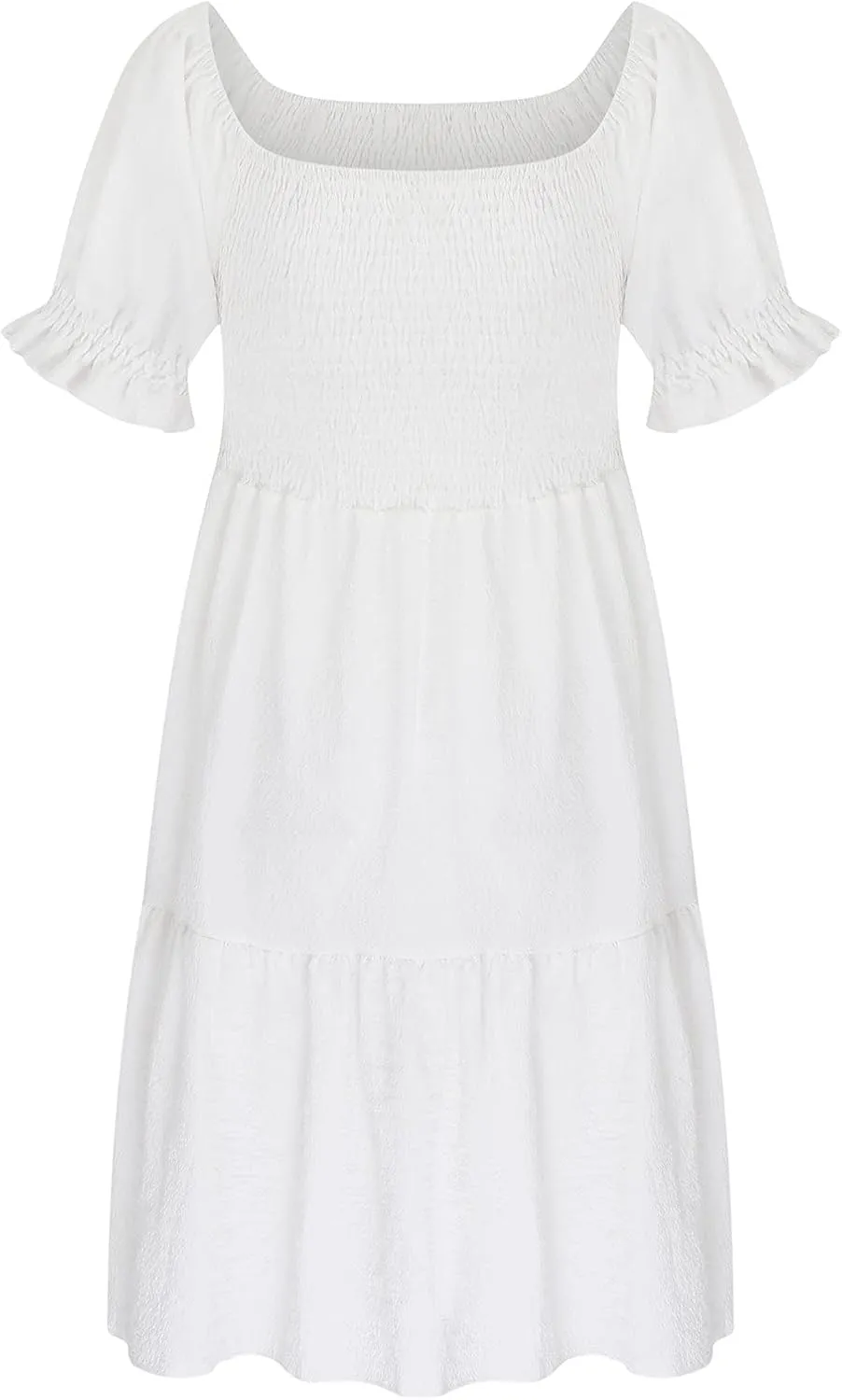 Womens Summer Mini Dress Smocked Off Shoulder Short Sleeve Tiered Ruffle Hem Flowy Swing Sundress Beach Party Dresses