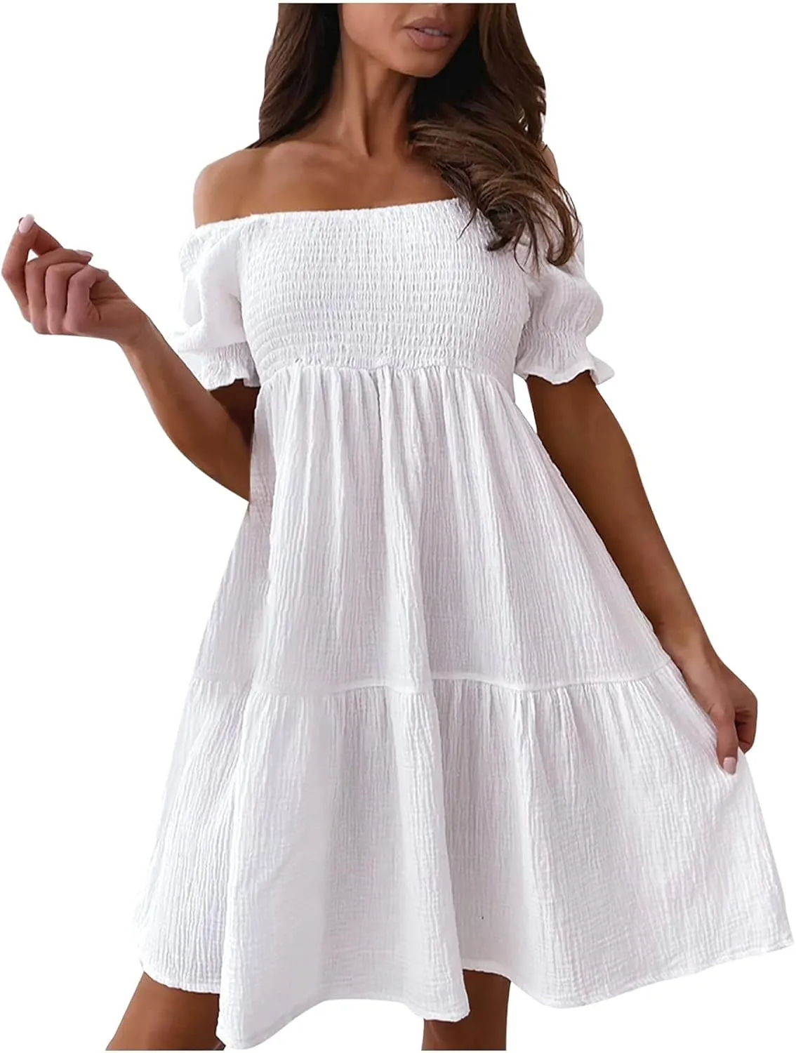 Womens Summer Mini Dress Smocked Off Shoulder Short Sleeve Tiered Ruffle Hem Flowy Swing Sundress Beach Party Dresses