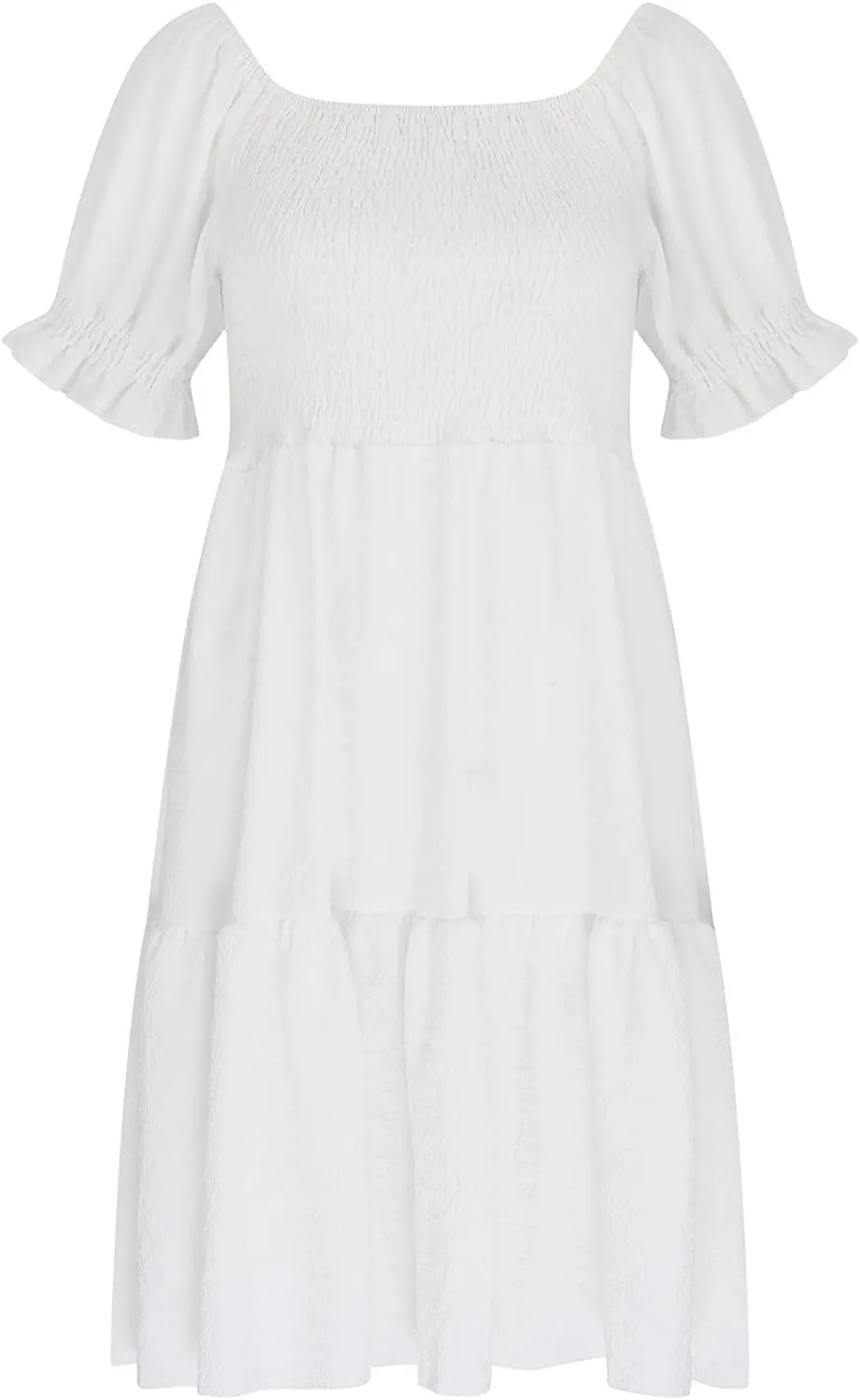 Womens Summer Mini Dress Smocked Off Shoulder Short Sleeve Tiered Ruffle Hem Flowy Swing Sundress Beach Party Dresses