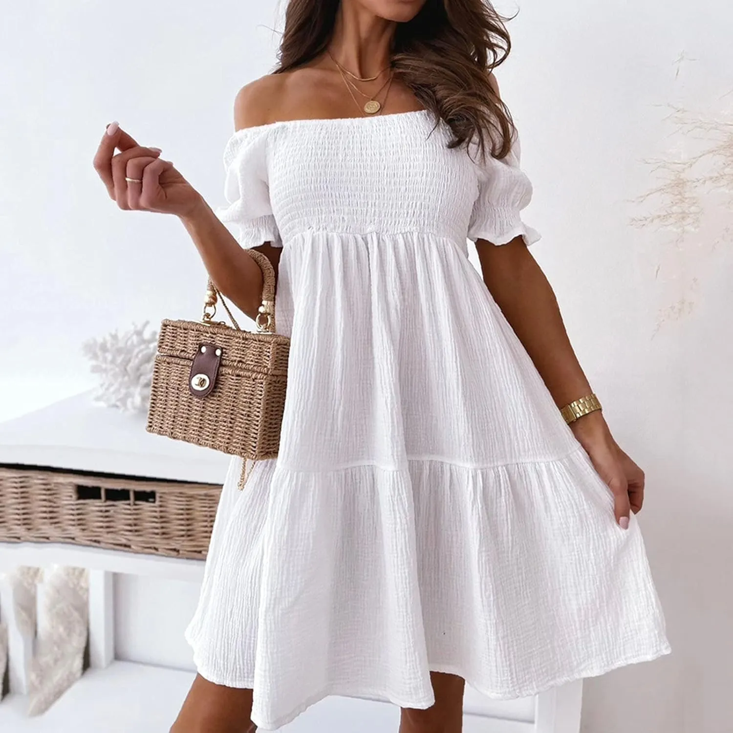 Womens Summer Mini Dress Smocked Off Shoulder Short Sleeve Tiered Ruffle Hem Flowy Swing Sundress Beach Party Dresses