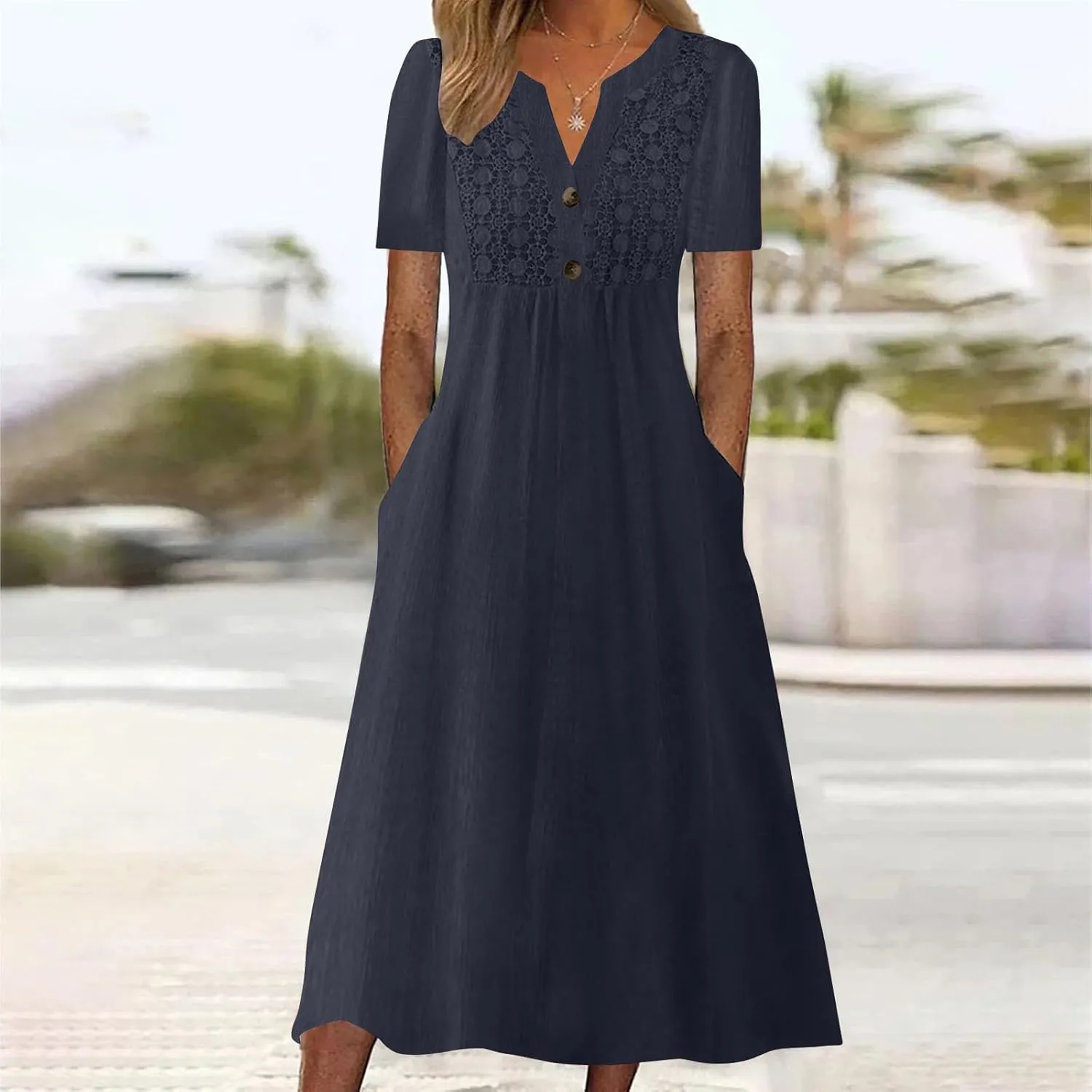 Women's Summer Petite Dress Casual Eyelet Hollow Out Short Sleeve Button V Neck A-line Dress Maxi Dress with Pockets