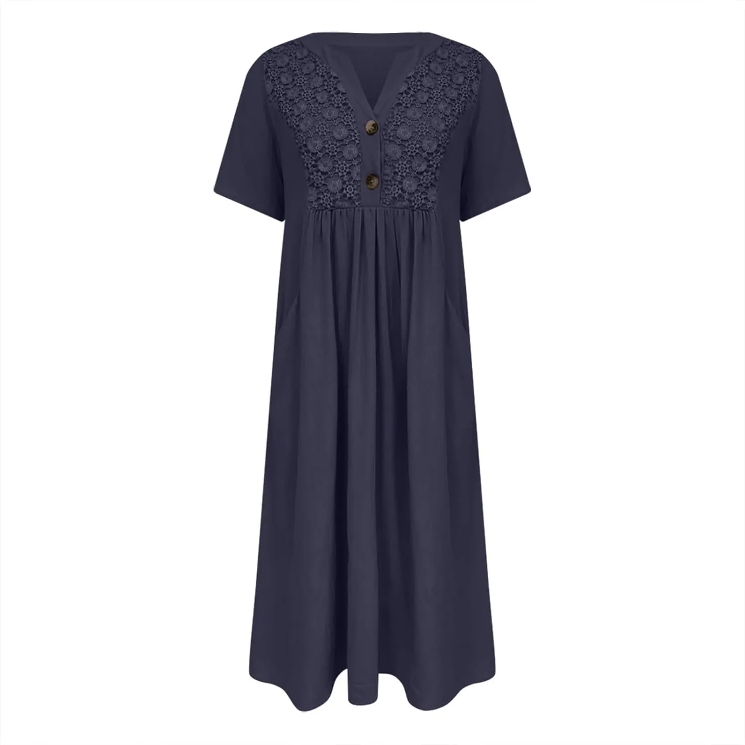 Women's Summer Petite Dress Casual Eyelet Hollow Out Short Sleeve Button V Neck A-line Dress Maxi Dress with Pockets