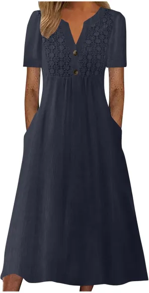 Women's Summer Petite Dress Casual Eyelet Hollow Out Short Sleeve Button V Neck A-line Dress Maxi Dress with Pockets