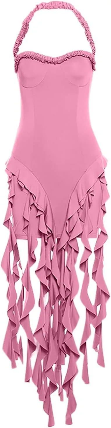 Womens Summer Ruffle Fringe Mini Dress Sexy Halter Neck Backless Cocktail Party Club Bodycon Bodycon Tassel Dresses