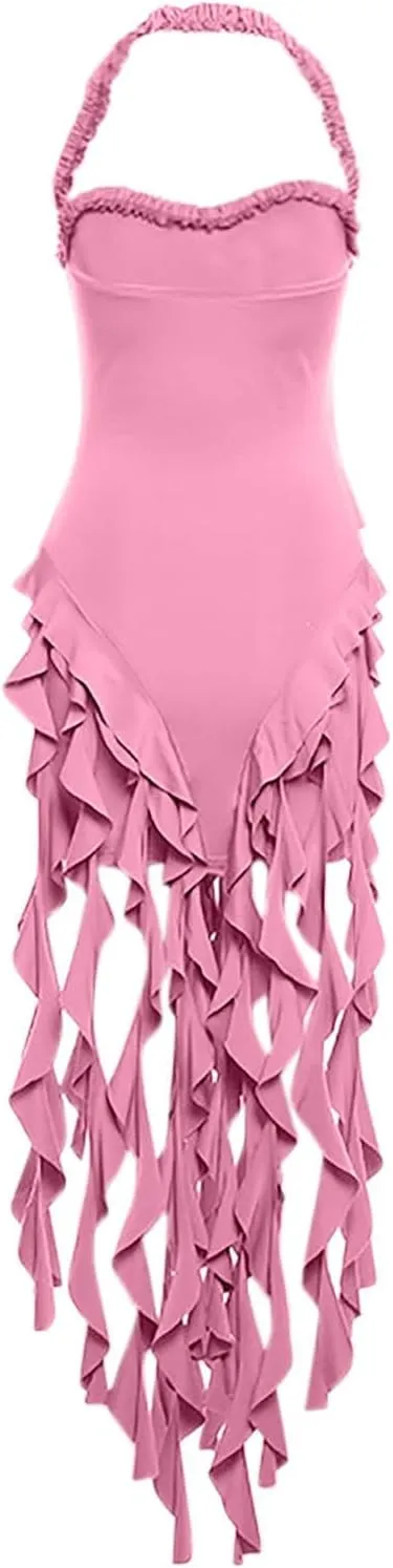 Womens Summer Ruffle Fringe Mini Dress Sexy Halter Neck Backless Cocktail Party Club Bodycon Bodycon Tassel Dresses