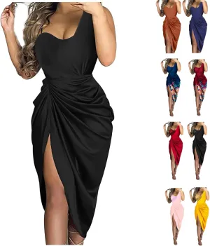 Women's Summer Sexy Elegant Trendy Solid Color Cold Shoulder Sequins Split Party Cocktail Prom Dress, S-3XL
