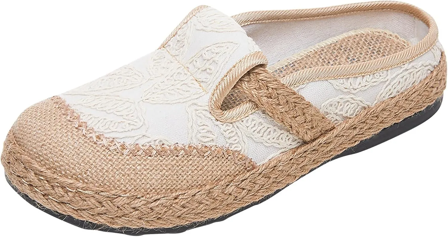 Womens Summer Wedge Heel Loafers Made of Woven Linen with Ethnic Embroidery in Black Half Pack (5 UK)