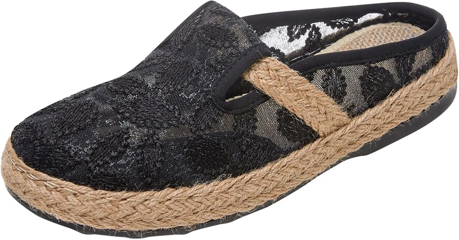 Womens Summer Wedge Heel Loafers Made of Woven Linen with Ethnic Embroidery in Black Half Pack (Bk1)