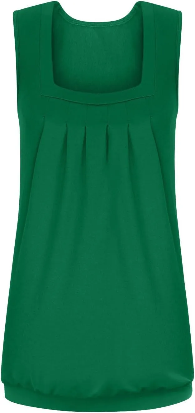 Womens Tank Tops Summer Square Neck Pleated Sleeveless Top Casual Loose Fit Basic Shirts Ladies Flowy Blouse