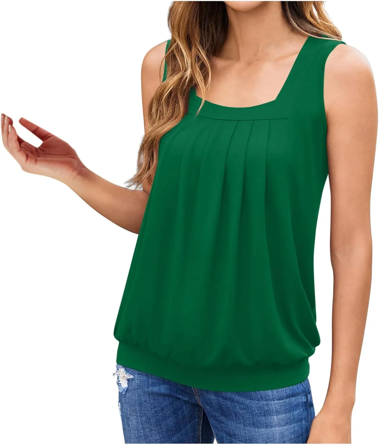 Womens Tank Tops Summer Square Neck Pleated Sleeveless Top Casual Loose Fit Basic Shirts Ladies Flowy Blouse