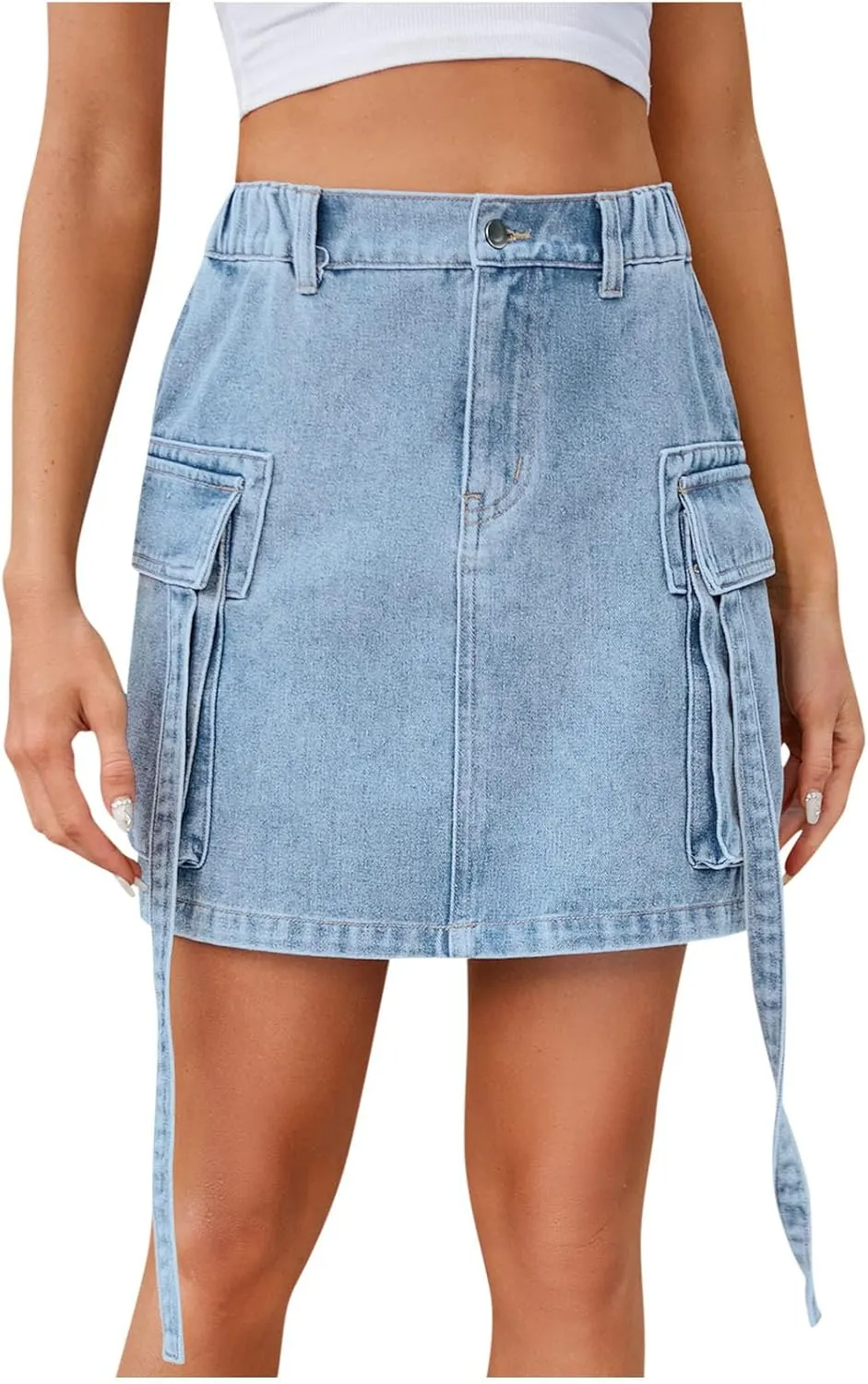 Women's Trendy Denim Cargo Skirt Elastic High Waisted Pencil Skirts with Cargo Pockets Casual Button Mini Jean Skirt