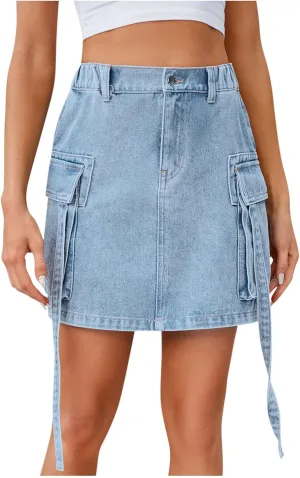 Women's Trendy Denim Cargo Skirt Elastic High Waisted Pencil Skirts with Cargo Pockets Casual Button Mini Jean Skirt