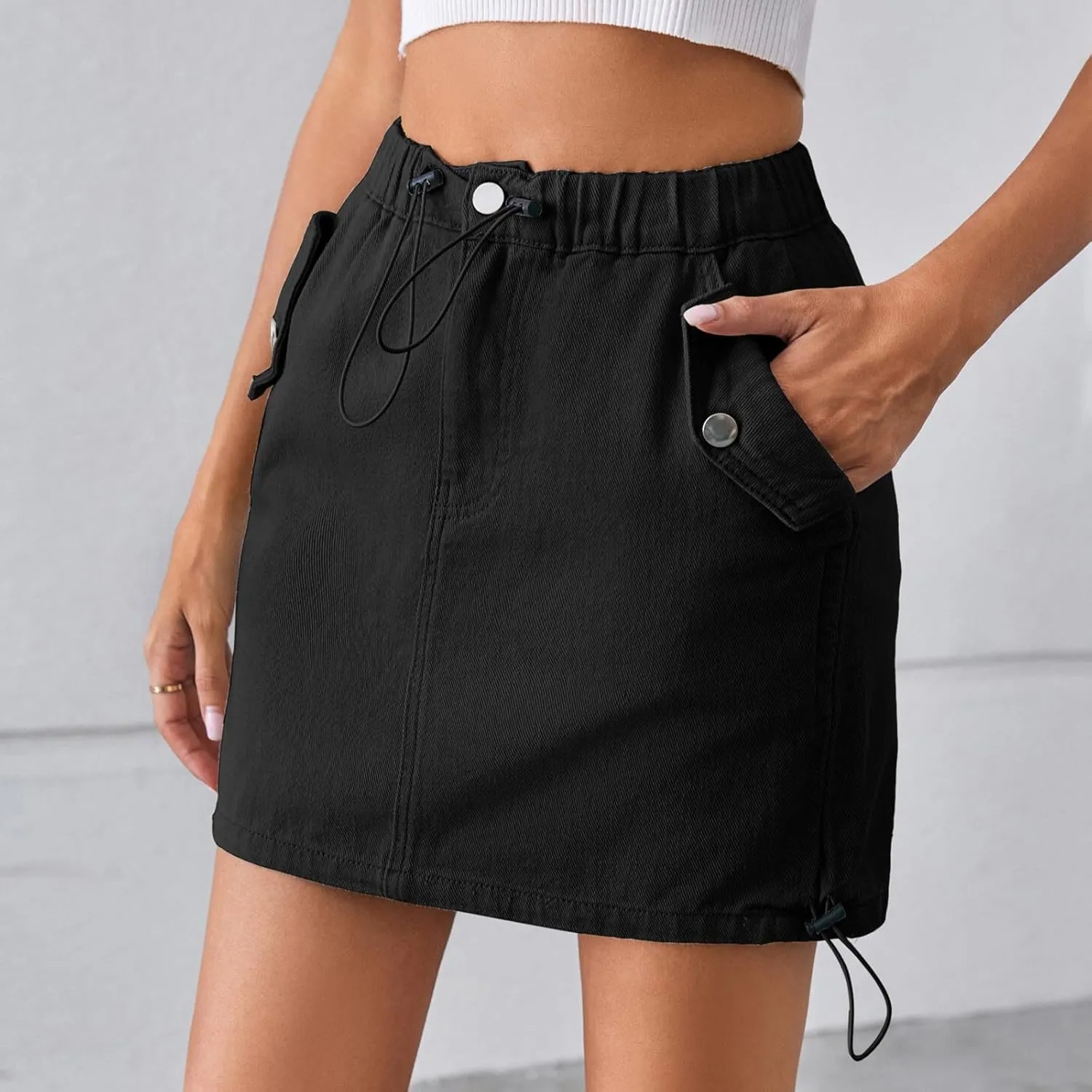 Womens Trendy Denim Cargo Skirt Elastic High Waisted Skirts with Pockets Casual Button Down Drawstring Mini Jean Skirt