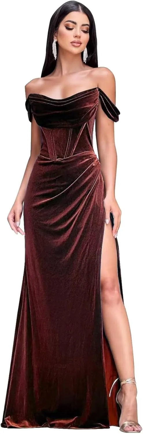 Women's Velvet Prom Dresses Off Shoulder Evening Formal Gowns Long Mermaid Bridesmaid Dress with Slit