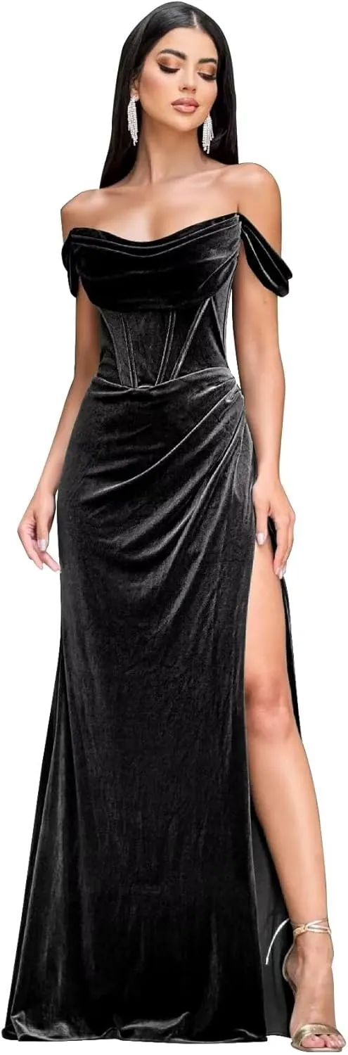 Women's Velvet Prom Dresses Off Shoulder Evening Formal Gowns Long Mermaid Bridesmaid Dress with Slit