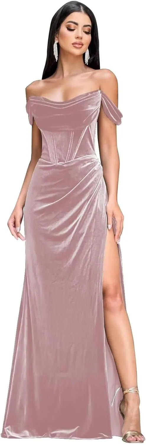 Women's Velvet Prom Dresses Off Shoulder Evening Formal Gowns Long Mermaid Bridesmaid Dress with Slit