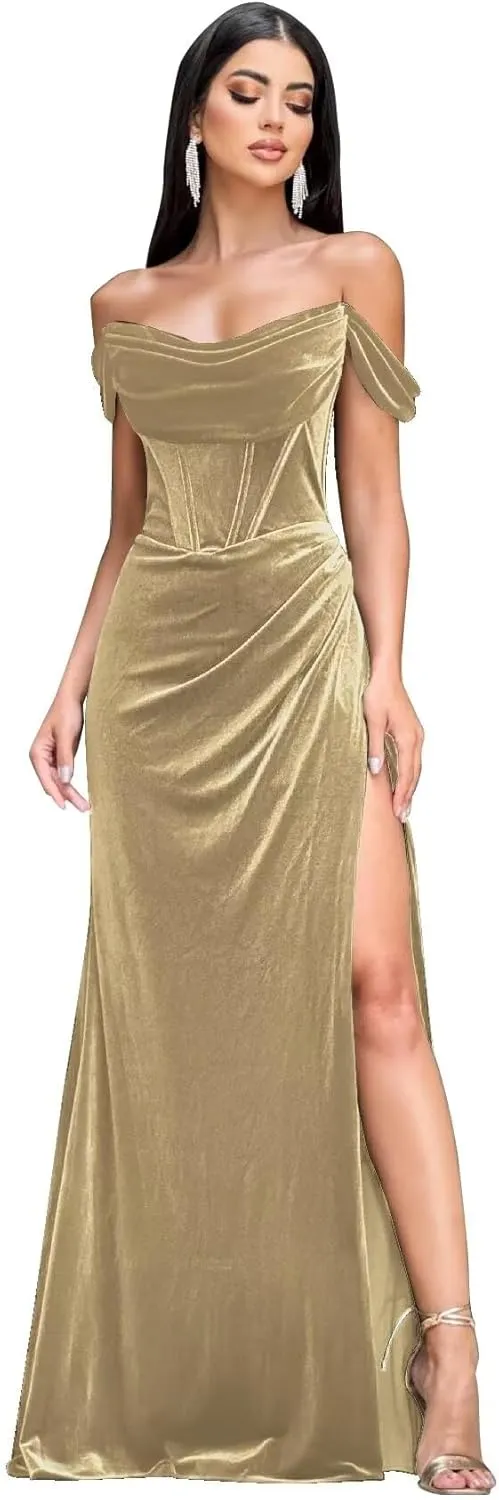 Women's Velvet Prom Dresses Off Shoulder Evening Formal Gowns Long Mermaid Bridesmaid Dress with Slit