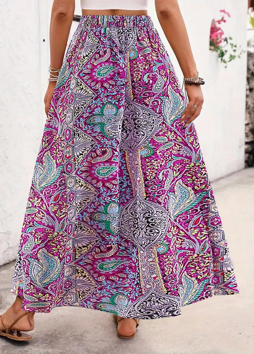 Women's Vintage Paisley Printed A-Line Skirt High Waist Sexy Split Maxi Flowy Midi Skirts for Beach Party Holiday