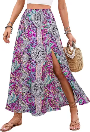 Women's Vintage Paisley Printed A-Line Skirt High Waist Sexy Split Maxi Flowy Midi Skirts for Beach Party Holiday